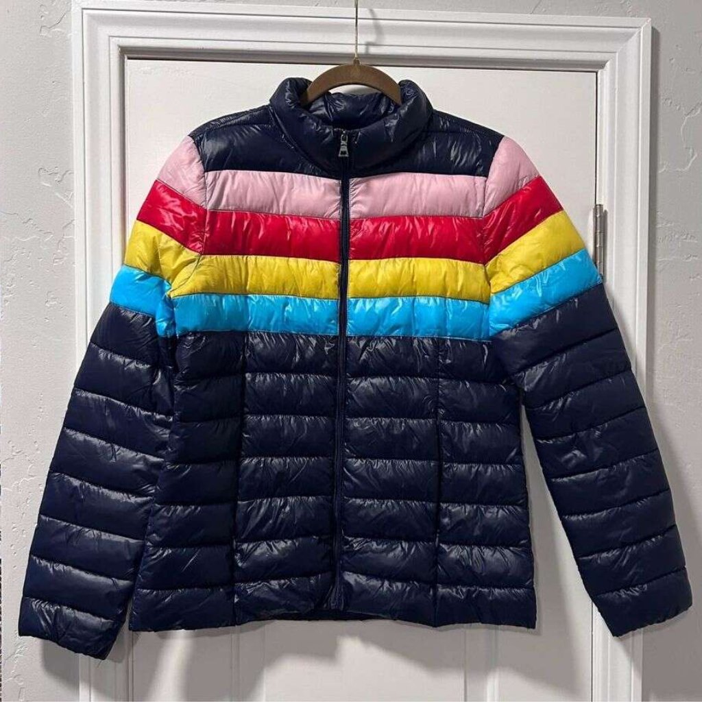 Aqua Navy Packable Rainbow-Stripe Puffer Coat, Women's Size Medium